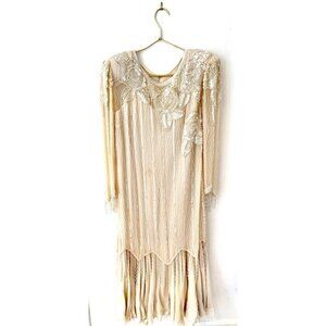 Vintage Oleg Cassini Silk Sequin Beaded Formal Dress Size 14 Blush Pink 1980s